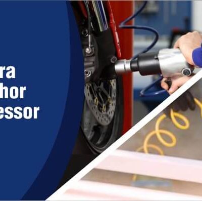 metade da imagem em azul com a frase escrito em branco dicas para usar melhor o compressor de ar, a outra metade da imagem ilustra o compressor de ar sendo usado para encher o pneu de um carro e para pintar um objeto