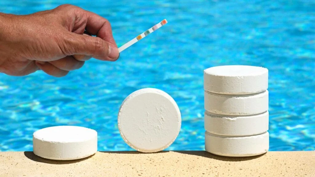 Pastilhas de cloro na beira da piscina e pessoa segurando fita para aferir Ph da água.