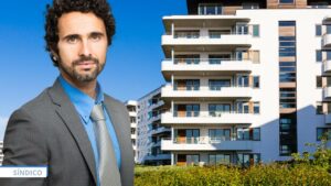 Ilustração, síndico a frente de condomínio.